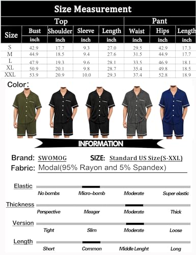 SWOMOG Mens Pajama Set Shorts Button Down Short Sleeve Sleepwear Soft Modal 2Pcs Pj Set with Pockets Army Green Small