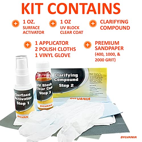 SYLVANIA - Headlight Restoration Kit - 3 Easy Steps to Restore Sun Damaged Headlights with Exclusive UV Block Clear Coat, Light Output and Beam Pattern Restored, Long Lasting Protection