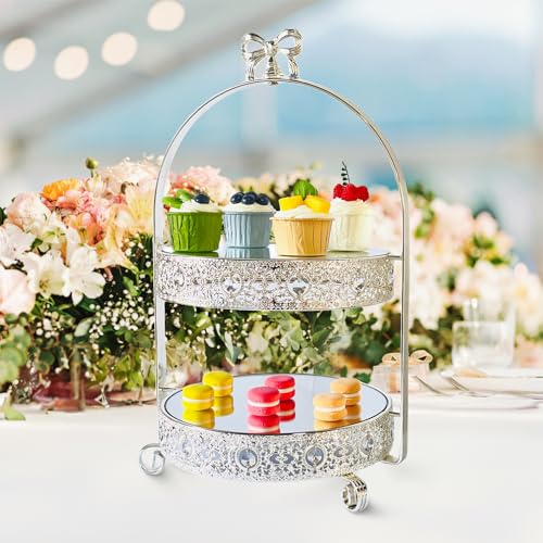 Quegroot Silver 2 Tier Crystal & Metal Cake Stand, Round, 20 x 11 x 10 inches, 6.5 lbs Capacity, Dessert Tray for Party, Baby Shower, Wedding Decor