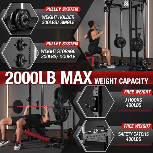 Mikolo Power Cage, 2000LB Power Rack with Independent Dual Pulley System, Multifunction Home Gym Workout Machine for Cable Crossover (Black Package)