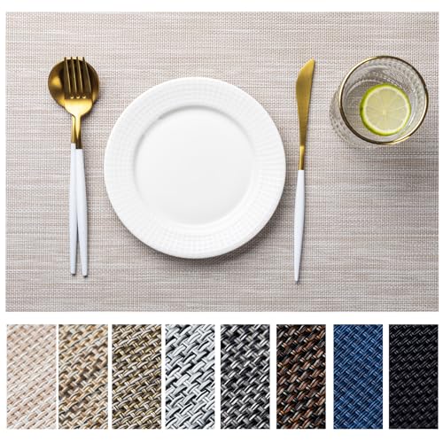 LEXMORE Placemats Set of 4 Vinyl/Plastic Woven Place Mats for Kitchen Table Indoor/Outdoor Washable Placemat Wipeable Dining Table Mats(Gold Dune)
