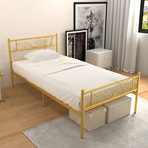 Weehom Twin Size Bed Frame with Headboard No Box Spring Needed Platform Single Bed for Kids, Gold
