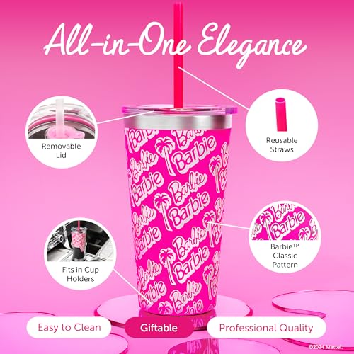 Dragon Glassware x Barbie Vacuum Insulated Tumbler with Lid and Straw - 16 oz Tumbler Cup with 2 Straws - Stainless Steel Tumbler with Straw for Water, Iced Tea - Travel Coffee Tumbler - Classic