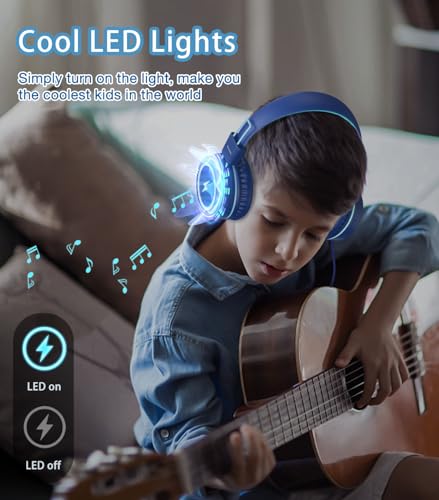 Bywulanda Kids Headphones with LED Lights for School, Upgrade USB Type C Kid Headphone with Microphone, Volume Limiter 85/94dB, Wired On Ear Headphones for Boys/Girls/Tablet/Travel -Blue