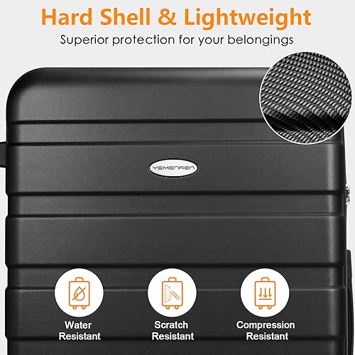 YEMENREN Luggage Sets Hardside Lightweight Suitcase with Spinner Wheels TSA Lock, 3-Piece Set (20/24/28), Black