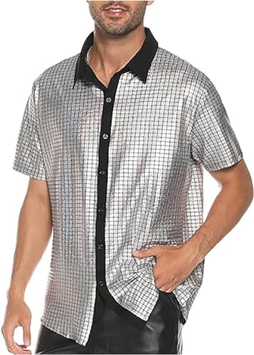 JIEFULL Mens 70s Disco Shirt Sequins Shiny Prom Costume Short Sleeve Button Shirts for Nightclub Party(Light Rainbow,S)