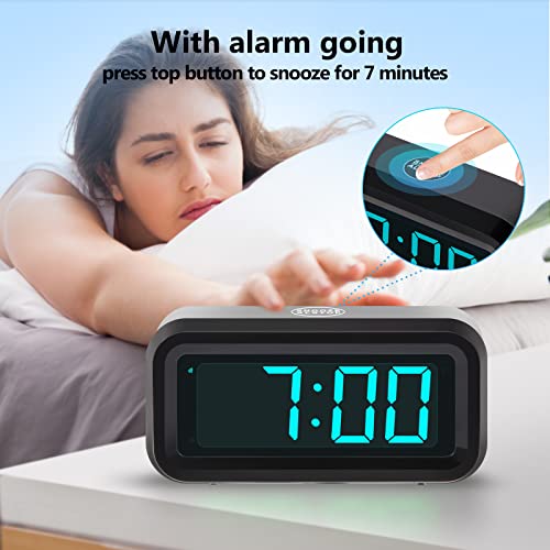 Timegyro Digital Alarm Clock Battery Operated with LED Display for Bedrooms, Long Battery Life, 3 Brightness Adjustable, 12/24 Hour, Snooze, Black Case with Blue Digits