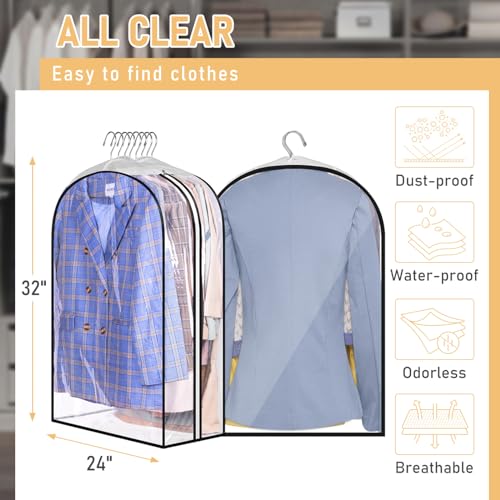 MISSLO 32" All Clear Garment Bags for Hanging Clothes 10" Gusseted Suit Bags for Closet Storage Suit Cover Bags Hanging Clothes Storage Bag for Shirts, Coats, 3 Packs