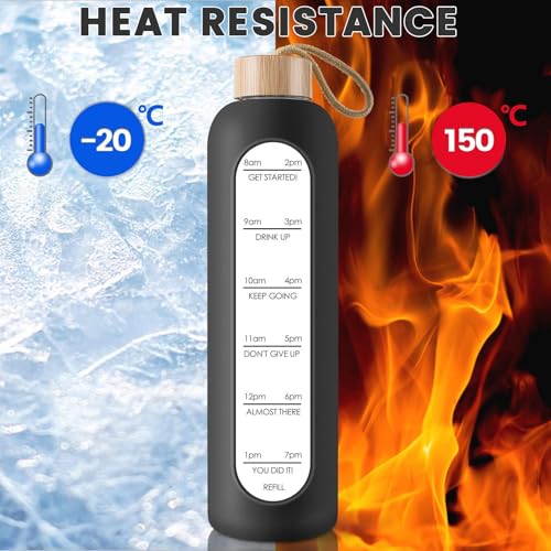 PROBTTL 25 oz Glass Water Bottles - Time Marker Motivational Borosilicate Glass Water Bottle With Silicone Sleeve and Bamboo Lid, Leak Proof, Reusable, BPA Free (Black)