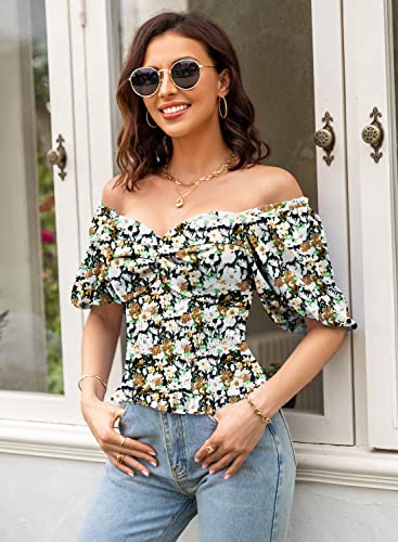 DOROSE Ladies Summer Floral Tops Puff Sleeve Sweetheart Neck Smocked Blouses Twist Front Crop Top Pink S
