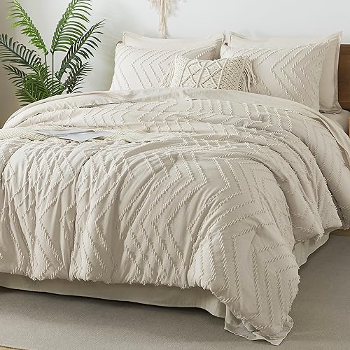 Litanika White Comforter Queen Size Set with Sheets - 7 Pieces Boho Bed in a Bag Chevron Tufted Complete Beddding Sets Lightweight All Season Bed Set with Comforter, Sheets, Pillowcases & Shams