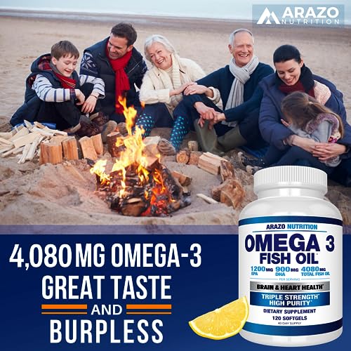 Arazo Nutrition Wild Caught Omega 3 Fish Oil – 60 Soft Gels – 4,080mg High EPA 1200mg DHA 900mg Lemon Flavor Burpless Softgels