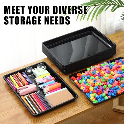 Maitys 15 Pcs Flat Plastic Trays 16.1 x 11.8'' Sensory Storage Tray Paper Stackable Classroom Bins for Office Home Organizer Arts and Crafts Supplies(Black)