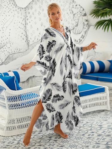 sunforyou Kaftan Dresses for Women Orange Floral 70s Dress for Women Caftans Plus size V-neck Batwing Sleeve Loungewear 8693-14