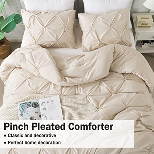 Andency Khaki Pinch Pleat Comforter Queen(90x90Inch), 3 Pieces(1 Pintuck Comforter and 2 Pillowcases) Pintuck Comforter Set, Microfiber All Season Down Alternative Bedding Set