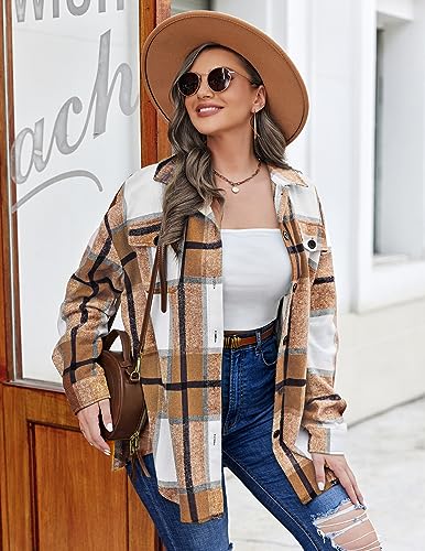 IN'VOLAND Women's Flannel Plaid Shacket Casual Button Down Long Sleeve Flannel Shirts Plus Size Lapel Fall Jacket Pink 16W