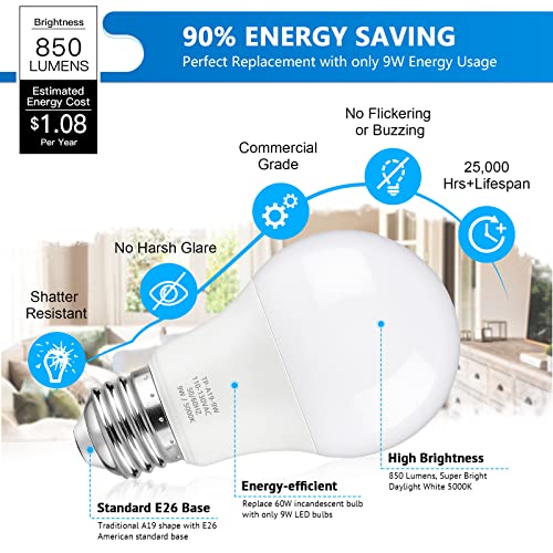 Maylaywood A19 LED Light Bulbs, 60 Watt Equivalent LED Bulb, Daylight White 5000K, 850 Lumen, E26 Base, Non-Dimmable, 9W Bright White LED Bulb, 4-Pack