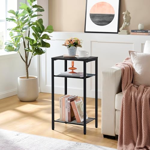 Hoctieon 3 Tier End Table, Telephone Table, Tall Side Table with Storage, Small Nightstand for Small Spaces, Metal Frame, For Living Room, Bedroom, Sofa Couch, Hall, Easy Assembly, Black