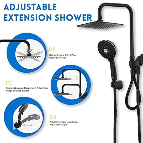 Ryamen Dual Shower Head Combo, Black 8'' High Pressure Rain/Rainfall Shower Head,5 Settings Adjustable Handheld Showers,with 15" Height Adjustable Slide Bar,Holder/59’‘ Hose