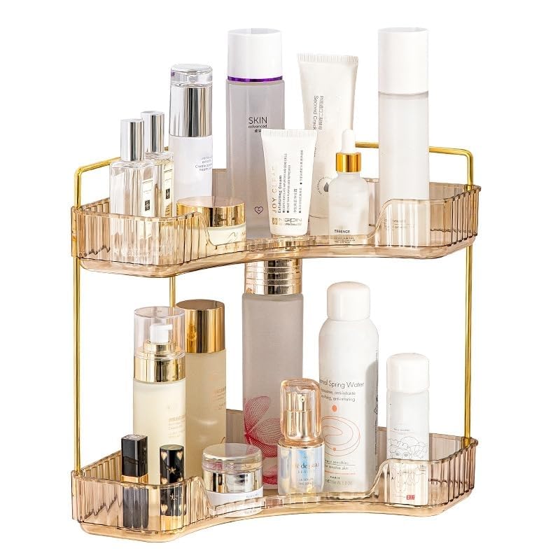 CESTATIVO Corner Bathroom Counter Organizer, Vanity Trays for Bathroom, Skincare Makeup Organizer Shelf, Shelf Cosmetics, Toiletries, Lotions, Perfumes (2 Tiers, Amber)
