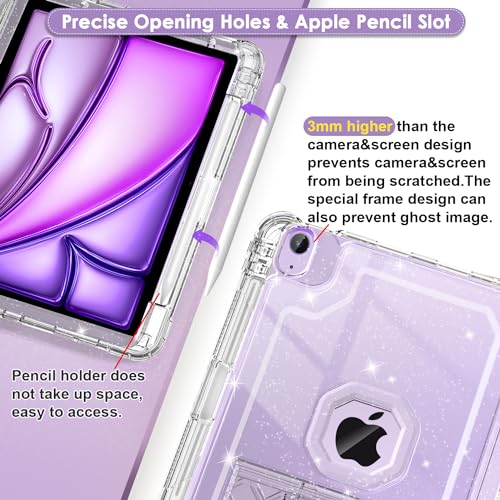 ZoneFoker for iPad Air 11 Inch Case 6th/5th/4th Generation M2 11-inch 2024/2022/2020 Case, Clear Glitter Slim Cover for Kids with Pencil Holder Heavy Duty Shockproof Protective Case with Kickstand