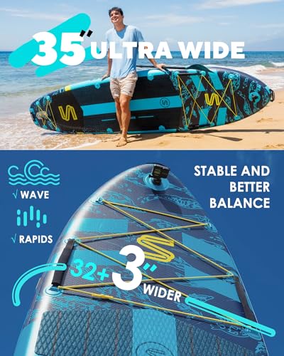 Skatinger 11'6×35" Super Wide Inflatable Stand Up Paddle Board, Ultra Stable Wide SUP for 2+1 People/Family/Big Size w/Shoulder Strap, 100L Backpack, All-Round Sup Board, US Fin