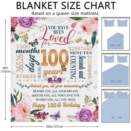 Hcoviv 100th Birthday Gifts Women Blanket 50*60, Happy 100th Birthday Gift Ideas, 100th Birthday Decorations, Gifts for Women Turning 100, Gifts for 100-Year-Old, Best Bday Present 1925 Throw Blanket