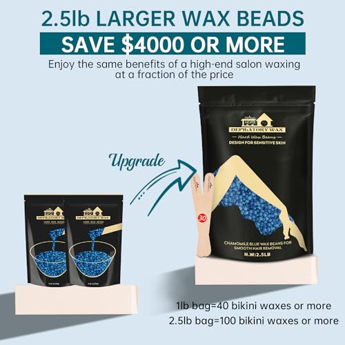 Lifestance 2.5lb Wax Beads Kit, Chamomile Hard Wax Beans For Hair Removal Brazilian Bikini Face with 30 Applicators Painless Waxing for Fine Coarse Hair Women Men Large Refill for Wax Warmers at Home