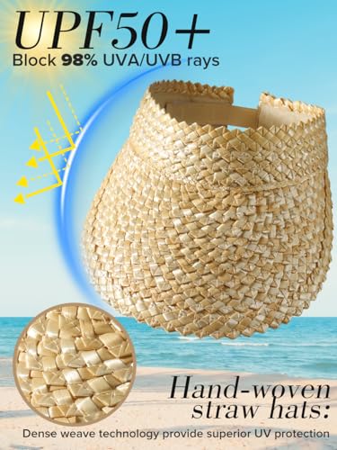 Visors for Women, Straw Sun Visors for Women Beach Hats for Women Packable Sun Hat Womens Visor Handmade Straw Hats for Women Beige