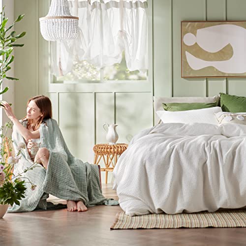 Bedsure Cotton Duvet Cover Queen - 100% Cotton Waffle Weave Grey Blue Duvet Cover Queen Size, Soft and Breathable Queen Duvet Cover Set for All Season (Queen, 90"x90")