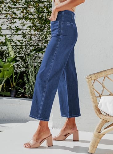 Sidefeel Women's Wide Leg Jeans High Waisted Stretchy Straight Leg Jeans Buttoned Loose Denim Pants with Pocket Sail Blue Size 14 Short