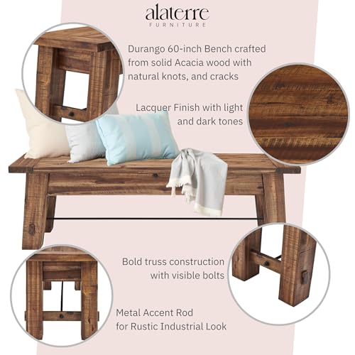 Durango Rustic Farmhouse Style 60-Inch Wood Bench - Industrial Modern Accent Furniture with Solid Wood Seat for Entryway, Dining Room, Hallway, Foyer, or Kitchen by Alaterre Furniture