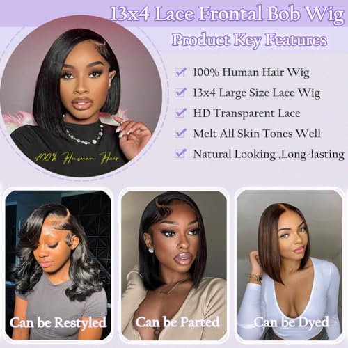 TONGMAY 8 Inch Short Bob Wig Human Hair Straight Bob Lace Front Wigs Human Hair for Women 180% Density Brazilian Virgin Human Hair Bob Wig 13x4 HD Transparent Lace Frontal Bob Wigs Natural Black