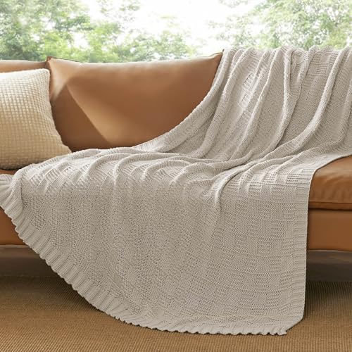 Bedsure 100% Cotton Knitted Throw Blanket for Couch, Checkered Chunky Knit Blanket for Summer, Soft Breathable and Lightweight Linen Beige Throw Blanket, Throw (50" x 60")