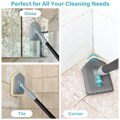Scrub Brush with Long Handle, 5 in 1 Hard Bristle Shower Scrubber with Crevice Cleaning Brush and Squeegee, 50 inch Heavy Duty Stiff Brushes for Clean Bathroom Ceramic Tile Floor Toilet Tub Kitchen