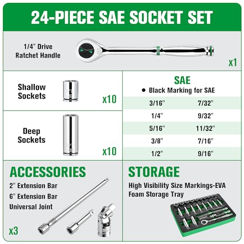 SK 1/4" Drive Socket Set with 160-P Ratchet, 24-Piece, SAE, SuperKrome Finish, Premium CR-V Construction, with EVA Foam Tool Organizer