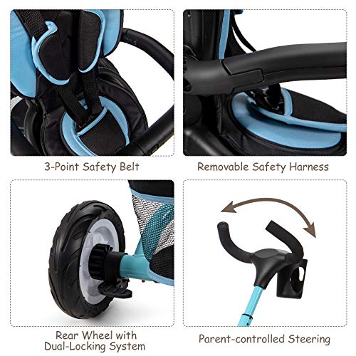 BABY JOY Tricycle, 7 in 1 Folding Toddler Bike w/Removable Push Handle, Rotatable Seat, Adjustable Canopy, Safety Harness, Storage, Cup Holder, Trike for 1-5 Year Old, Tricycle for Toddlers (Blue)