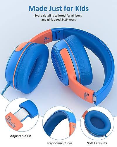 ELECDER Kids Headphones, S8 Wired Headphones for Kids with Microphone for Boys Girls, Adjustable 85dB/94dB Volume Limited, 3.5 mm Jack for School/Kindle/Smartphones/Tablet/Airplane Travel(Blue/Red)