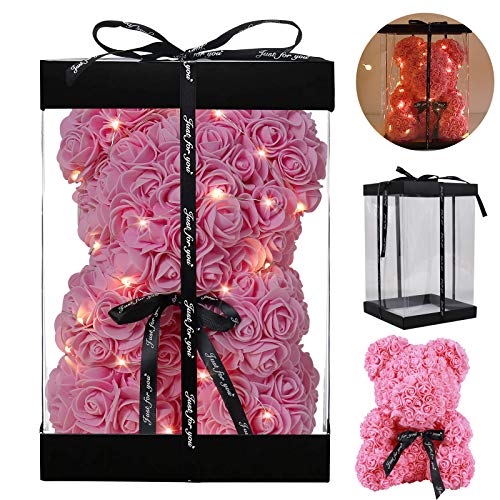 Rose Teddy Bear, Rose Bear Teddy Bear,10" Flower Bears with Lights, Rose Bear Foam Artificial Flower,Lighted Up Rose Teddy Bear Gifts for Valentines Day, Mothers Day,Anniversary (Red)