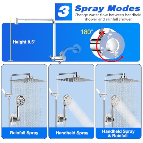 10 Inch Square Shower Head Rain Shower Head with Handheld Dual Filter for Hard Water 10 Setting Handheld Showerhead Built-in 2 Power Wash with 12" Extension Arm & Extra Cartridges