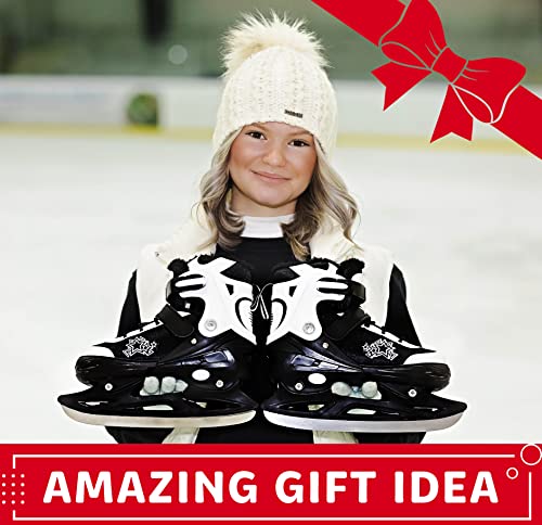 Xino Sports Adjustable Ice Skates - Faux Fur Padding, Reinforced Ankle Support, Fun Ice Skates for Beginners and Kids, Great for Indoor and Outdoor Skating (Black, Small Junior 13-3)