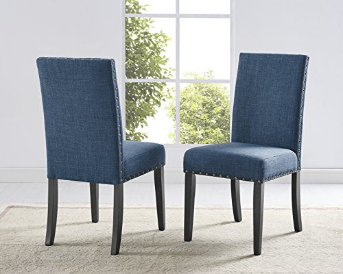 Roundhill Furniture Collection Biony Espresso Wood Dining Set with Blue Fabric Nailhead Chairs,