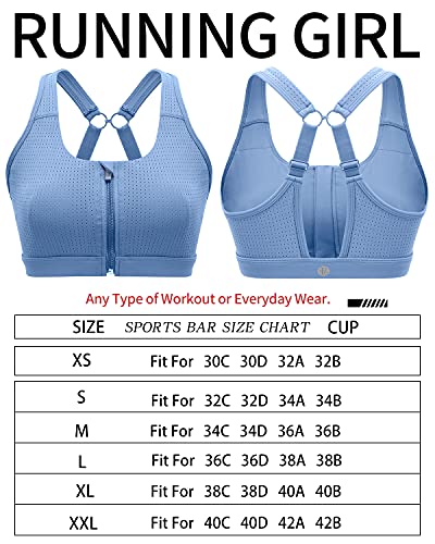 RUNNING GIRL Zip Front Sports Bra for Women,High Impact Adjustable Strap Criss-Cross Back Padded Workout Yoga Bra(2735,Blue,M)
