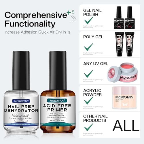 Morovan Professional Natural Nail Prep Dehydrate and Acid-Free Primer, Dehydrator for Acrylic and Gel Nail Polish, Non Acid Primer for UV Gels Fast Dry Superior Bonding Agent Gift Box Set