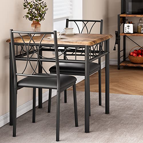 Amyove 3 Piece Kitchen Table Set, Dining Table and Chairs for 2, Metal and Wood Square Dining Room Table Set with 2 Upholstered Chairs, Kitchen Table Set for Small Space, Apartment, Rustic Brown