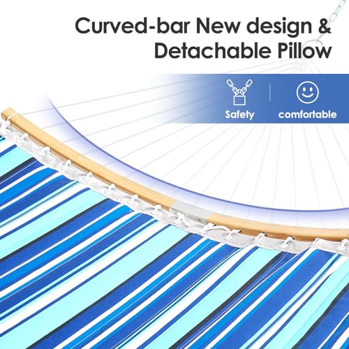 Touchat Double Hammock with Stand Heavy Duty, 480 LB Capacity Two Person Portable Hammock with Pillow, Curved-Bar, Portable Storage Bag, Anti-Rollover Design for Outside & Indoor