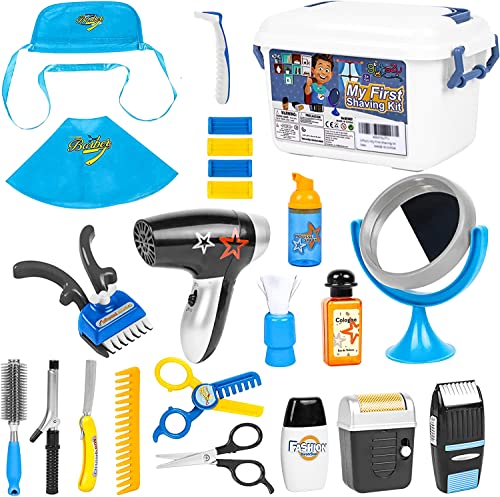 Gifts2U My First Shaving Kit for Boys, 22 Pcs Kids Barber Set Toy Pretend Play Hair Salon Playset with Shaver, Blow Dryer, Scissors, Razors & Styling Shawls Costume for Kids Ages 3 Years and up