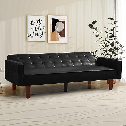IULULU Futon Sofa Bed, Modern Convertible Faux Leather Sleeper Couch with Armrests for Studio, Office, Apartment, Compact Living, Game Room, Overnight Guests, Brown