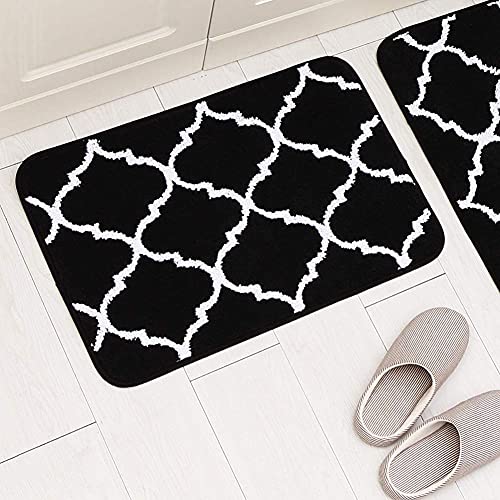 Carvapet 2 Pieces Microfiber Moroccan Trellis Non-Slip Soft Kitchen Mat Bath Rug Doormat Runner Carpet Set, 17"x48"+17"x24", Black