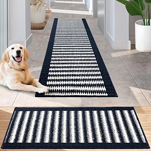 Timo Kitchen Runner Rug, 20"x32" +20"x63" Non Slip Rubber Backing Hallway Runner Rug, Absorbent Machine Washable Low Profile Small Runner Rug for Hallways Bedroom Entryway Laundry Room, Grey